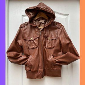 Sans Souci Brown Hooded Faux Leather Bomber Jacket Size Medium